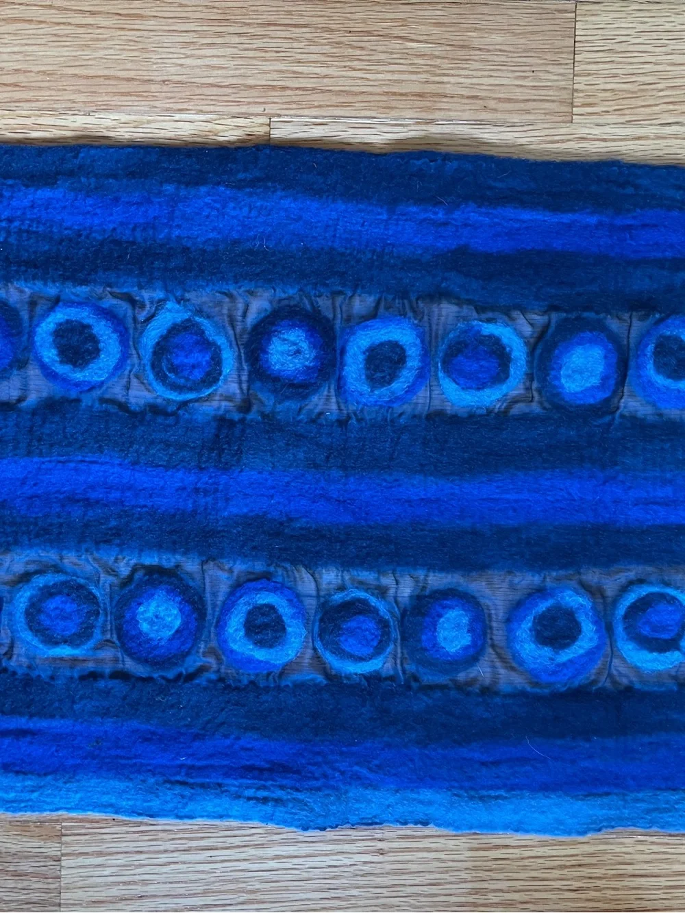 Handmade Blue Nuno Felted Wool Scarf with Circular Motif